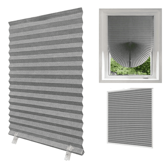 1pcs Faux Linen Pleated Window Shades No Drill Temporary Blinds Self Adhesive Pleated Paper Blinds Free Cut Size 50% Light Filtering Shades(Light Gray, 35" W x 71" H)