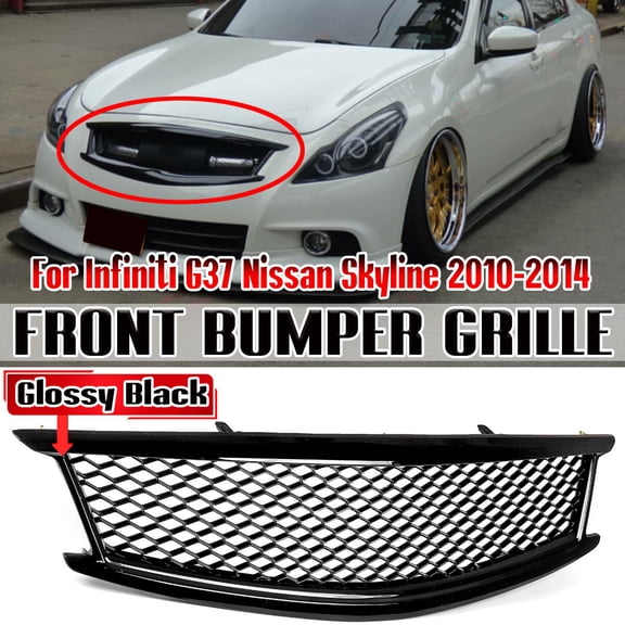 1pcs Front Bumper Grill Grille for Infiniti G37 Nissan Skyline 2010-2014 4 Door Sedan ONLY, Front Upper Hood Grille Hood Mesh Grid Racing Grills, Glossy Black