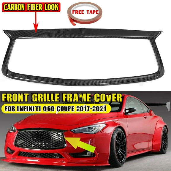 1pcs Front Grille Frame Cover for Infiniti Q60 Coupe 2017-2021, Front Grill Outline Trim Cover Overlay Direct Add-On, Carbon Fiber Look