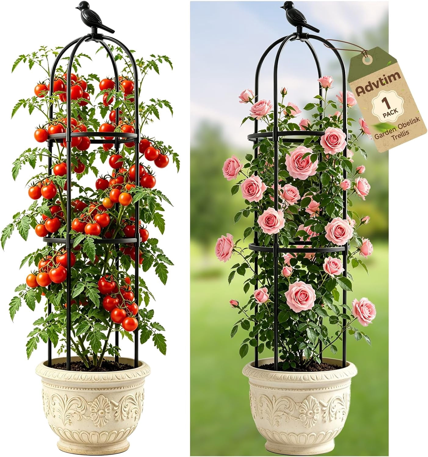 1pcs Garden Obelisk Trellis for Climbing Plants Outdoor, Tomato Cages for Garden, Metal Rustproof Plant Support Trellis for Potted Plants, Rose, Vine, Vegetable for Outdoor & Indoor Use (Black)