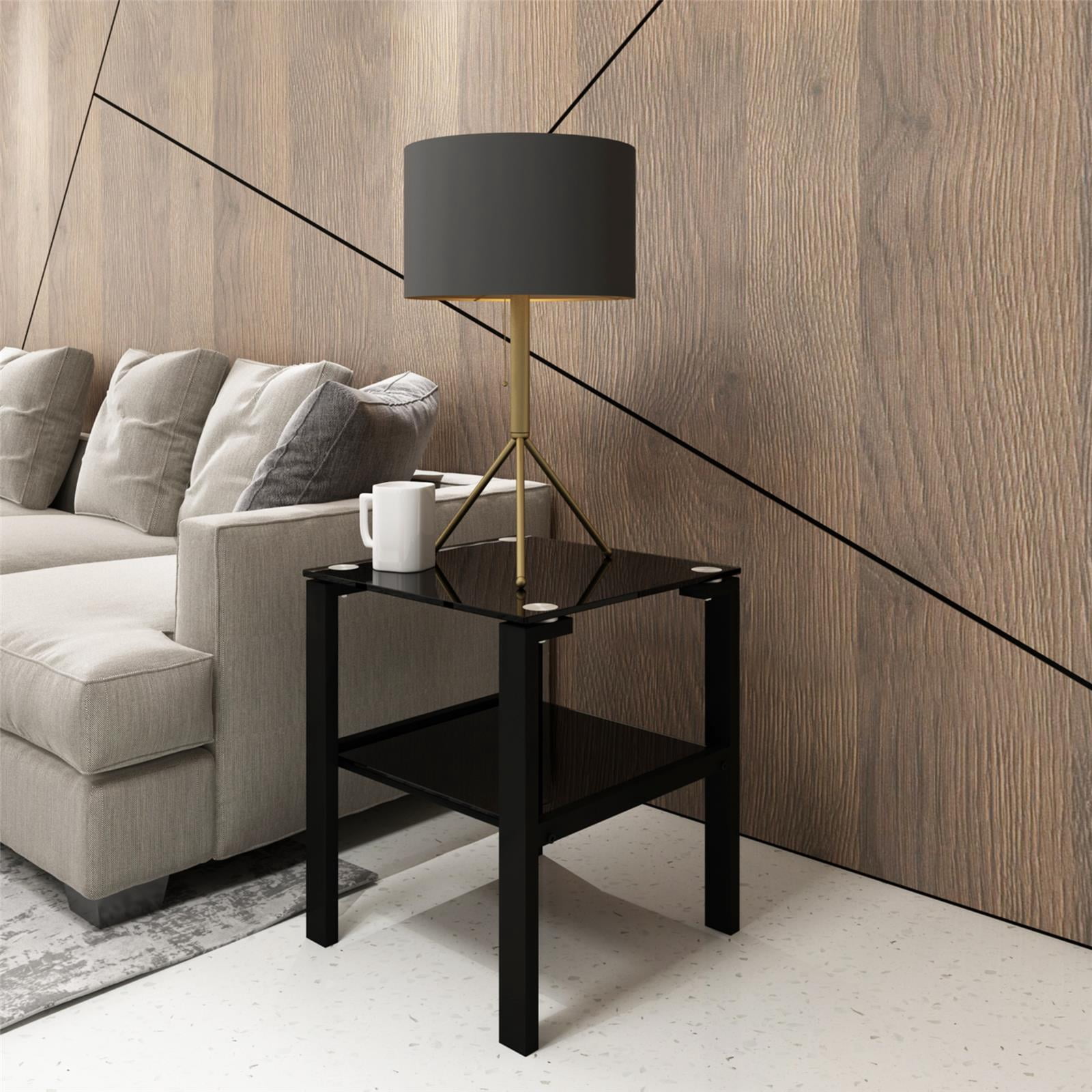 1pcs,Glass two layer tea table, small square table, bedroom corner table, living room side table, Transparent,multicolor optional, L17.72in*W17.72in*H20.87in,Black
