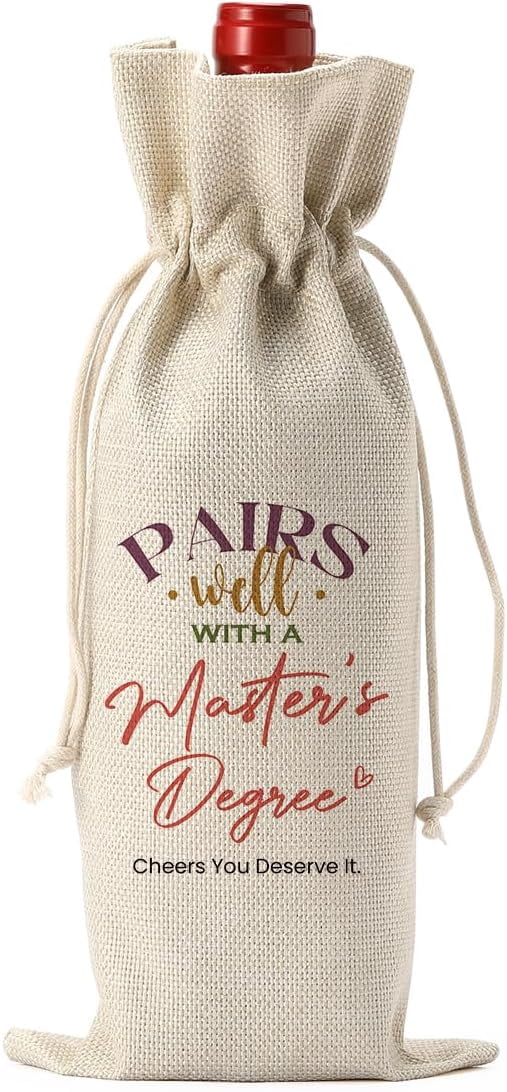 Masters Degree Gift Wine Bag (Beige) - Reusable Cotton Linen Graduation Gift Bag For 750ml Bottles, Pairs Well With A Master's Degree