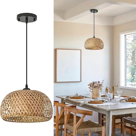 1pcs Hand Woven Bamboo Boho Chic Pendant Light,Adjustable Cord Bamboo Rattan Ceiling Hanging Light for Dining Room Bar Cafe Restaurant Craft Room
