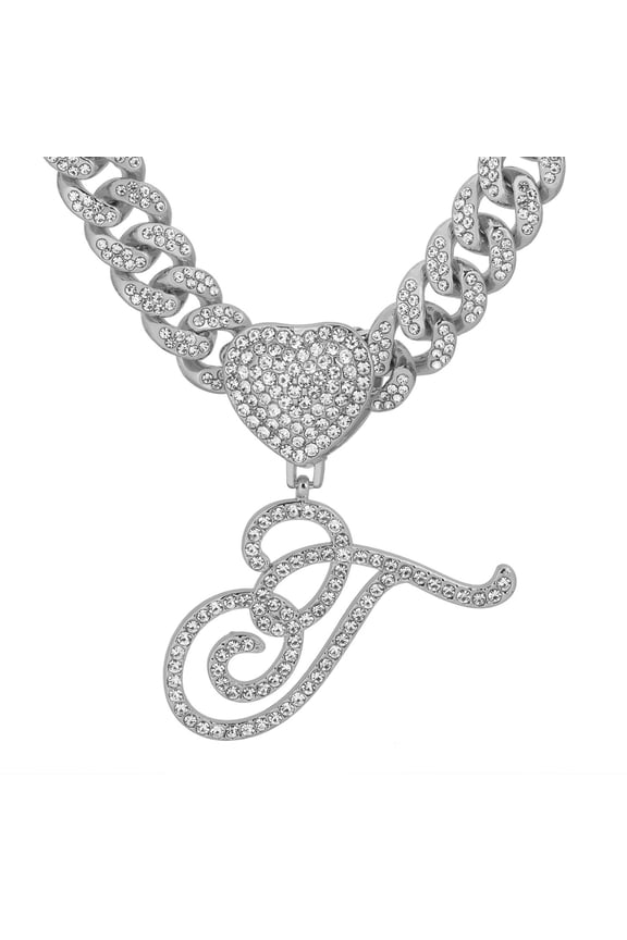 1pcs Initial Necklace Silver Cuban Chain For Men And Women Ice Chain With Heart-Shaped Alphabet Pendant Necklace Hip Hop Jewelry Gift (26 Alphabets Optional)