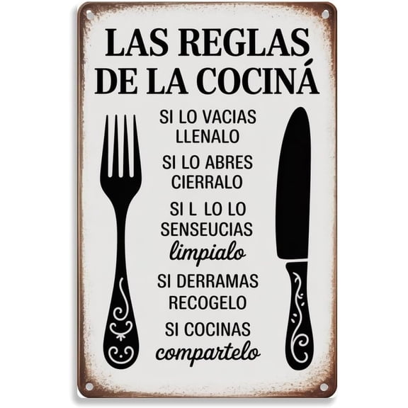 1pcs Kitchen Rules Spanish Tin Sign Vintage Spanish Kitchen Rules Metal Sign Print Suitable for room bathroom cave bar cafe garage garden and outdoor decoration 8 x12 inch