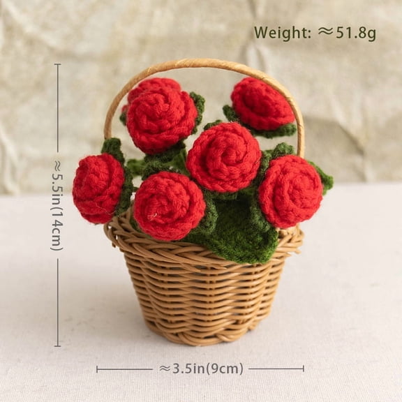 1pcs Knitting Crochet Rose Potted Plants, Flowers for Friends, Family and Lover, Handmade Flowers for Home Office Decoration, Car Decoration, Valentine's GiftRed