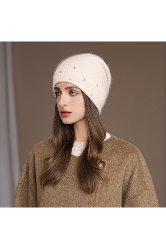 1pcs Korean Fashion Bright Diamond Women's Warm Pullover Winter Thickened Ear Protection Hat Suitable for Daily Commuting, Park Strolls, Shopping, Outdoor Activities