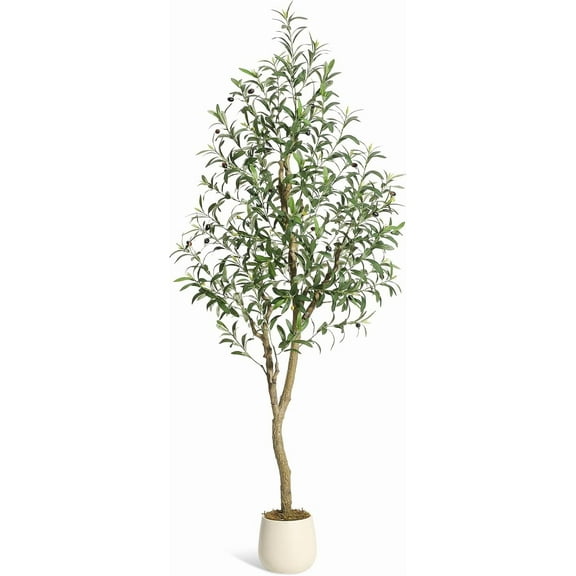 Olive Trees Artificial Indoor, 6ft Tall Faux Silk Plant - Fake Potted Tree with White Planter, Artificial Plants with Natural Wood Trunk and Lifelike Fruits for Home Office Decor, 1 Pack
