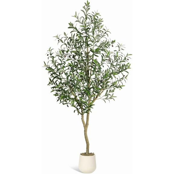 1pcs Olive Trees Artificial Indoor, 7ft Tall Faux Silk Plant - Fake Potted Tree with White Planter, Artificial Plants with Natural Wood Trunk and Lifelike Fruits for Home Office Decor