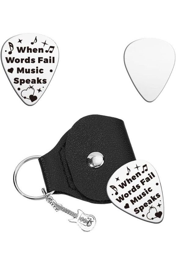 1pcs Personalized Guitar Picks Gifts Picks Keychain Literal Note Stainless Steel Guitar Pick with PU Leather Case Plectrum Picks Set for Musician Lover Player Birthday grey