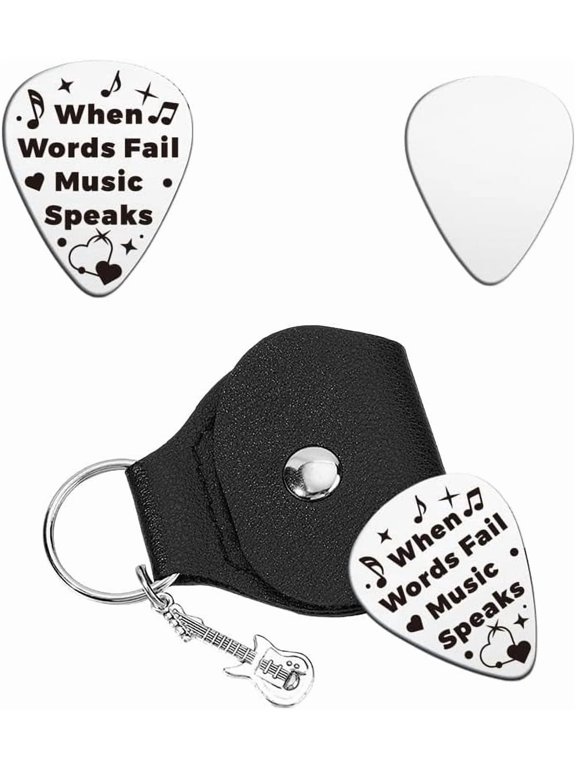 1pcs Personalized Guitar Picks Gifts Picks Keychain Literal Note Stainless Steel Guitar Pick with PU Leather Case Plectrum Picks Set for Musician Lover Player Birthday Stainless Steel