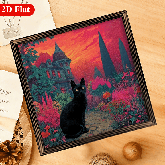 1pcs Piece (pcs) Rustic Wooden Wall Art Sign Classic Black Cat in Vibrant Garden Frame, Wood Panel Suitable for Farmhouse, Living Room