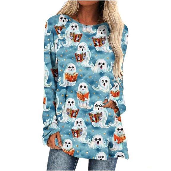 Raeneomay Long Sleeve Shirts for Women Oversize Women's Thanksgiving Round Neck Solid Color Loose Long Sleeved T-Shirt Top