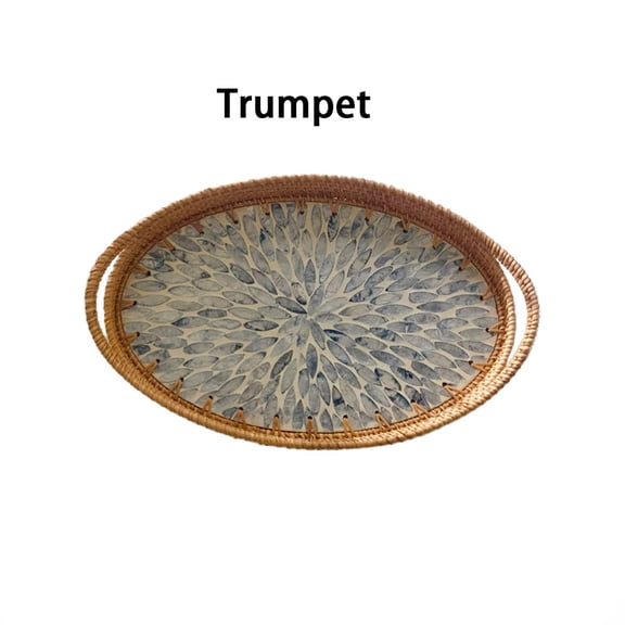 1pcs Rattan Tea Tray Serving Tray Oval Woven Basket Tray Natural Wicker Decorative Serving Baskets for Organizing Tabletop Kitchen Counter,Rattan Tea Tray,Trumpet,Blue