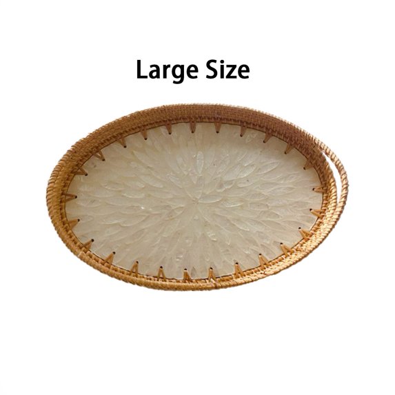 1pcs Rattan Tea Tray Serving Tray Oval Woven Basket Tray Natural Wicker Decorative Serving Baskets for Organizing Tabletop Kitchen Counter,Rattan Tea Tray,Large,White
