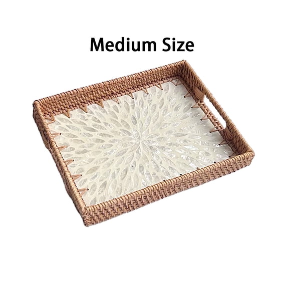 1pcs Rattan Tea Tray Serving Tray Rectangular Woven Basket Tray Natural Wicker Decorative Serving Baskets for Organizing Tabletop Kitchen Counter,Rattan Tea Tray,Medium,White