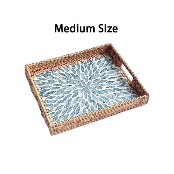 1pcs Rattan Tea Tray Serving Tray Rectangular Woven Basket Tray Natural Wicker Decorative Serving Baskets for Organizing Tabletop Kitchen Counter,Rattan Tea Tray,Medium,Blue