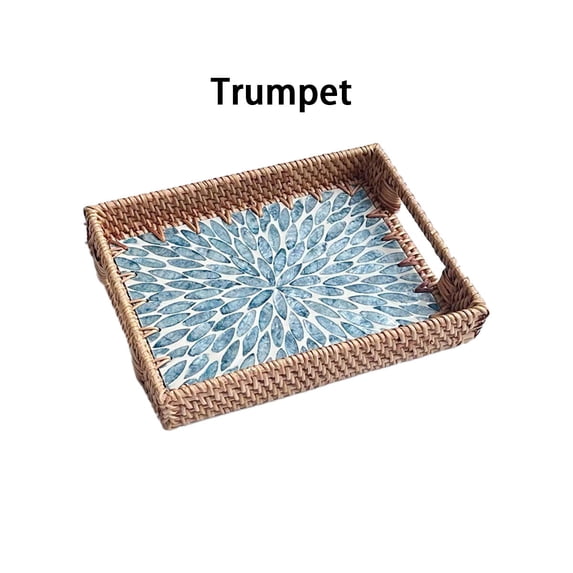 1pcs Rattan Tea Tray Serving Tray Rectangular Woven Basket Tray Natural Wicker Decorative Serving Baskets for Organizing Tabletop Kitchen Counter,Rattan Tea Tray,Trumpet,Blue