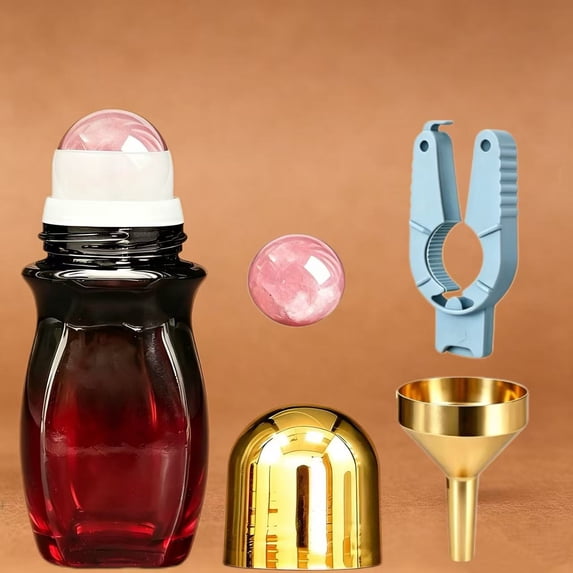 1pcs Rose Quartz Waisted Roller Bottles, 30ml Refillable Amber Glass ...