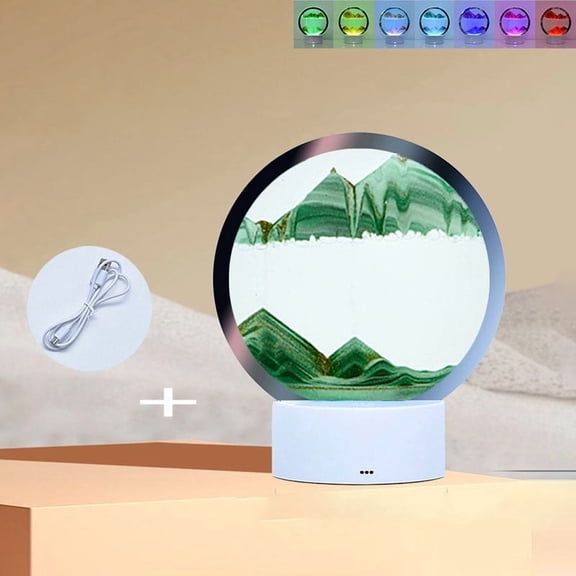 1pcs Sand Art Liquid Motion with Light White Base Moving Sand Art Round Glass Flow Sand Painting 7 Color Changing Table Lamp for Desk Toys Home Decor Creative Gift(Green)