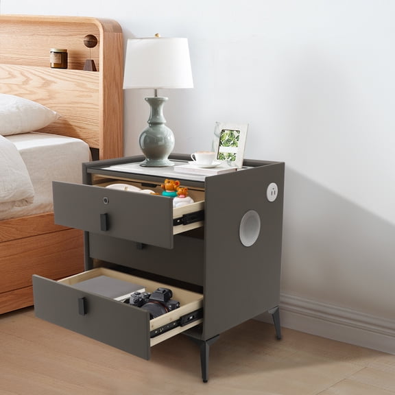 1pcs Smart Bedside Table, Smart Bedside Table with Drawers, Three-color Light, USB&Wireless Charging, Fingerprint Lock, and Bluetooth Speaker 50*40*59cm/19.69*15.75*23.23in