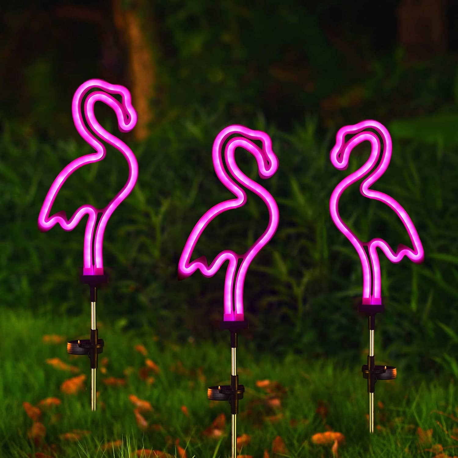 1pcs Solar Flamingo Lawn Lights, Outdoor Garden Decor with 3 Pink Flamingo Stake Lights, Waterproof Solar Powered Pathway Lights for Yard, Patio, Pool Party & Tropical Decor, Auto On/Off