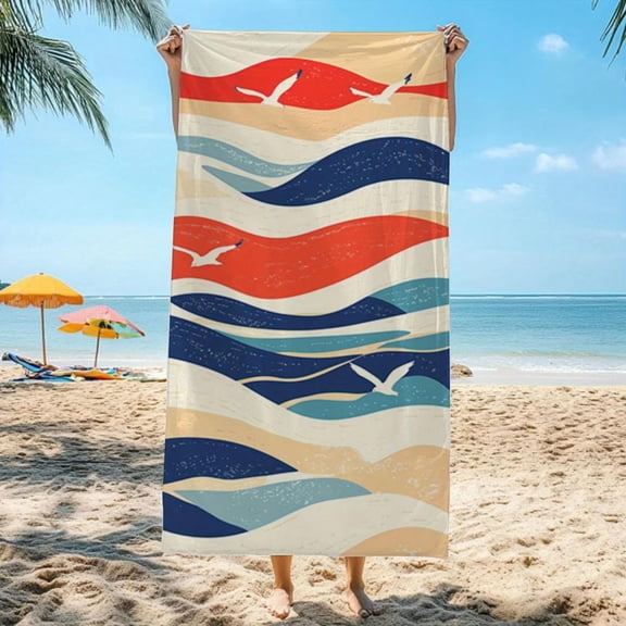 1pcs Vector Design Turkish Stripe Ocean Element Tranquil Dynamic Beach Towel Super Soft Quick Dry Lightweight Towel