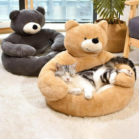 1pcs Warm Pet Bear Dog Cat Bed Non Slip Cushion Warm Cave Decoration Cartoon Dog House Cat Nest Half Closed Small Animal Nest Khaki Large