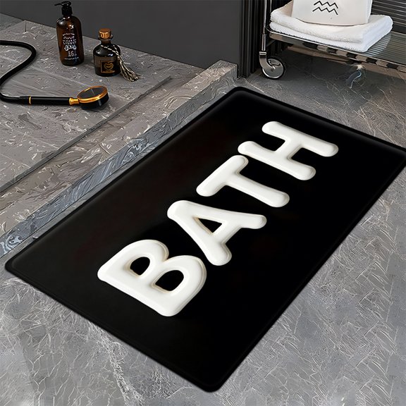 1pcs White Letters on Black Background Washable Flannel Bathroom Mat, Soft Non-Slip Wear-Resistant Rug for Bathroom, Bedroom, Kitchen & Entryway
