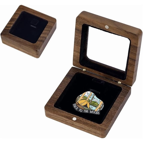 1pcs Wooden Badge Storage Boxes 2.68x2.68x1.02 Inch Square Badge Presentation Display Box with Visible Window Hinged Lid Natural Walnut Challenge Coin Holder for Badges Brooch Medal