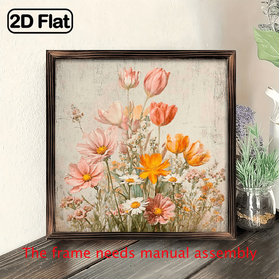 1pcs Wooden Sign, 8x8inch Rustic Floral Wall Art 2D Flat Print Farmhouse Style Wooden Frame Home Decor for Living Room Bedroom Gallery Wall Framed Wall Art Deco for Kitchen Bathroom Living Room, B