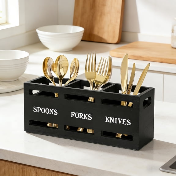 1pcs Wooden Utensil Holder, Country Tableware And Cutlery Rack, Black Party Fork Knife Spoon Organizer with Handles, for Party Restaurant Forks, Spoons, Farmhouse Kitchen Tableware, Basket Countertop