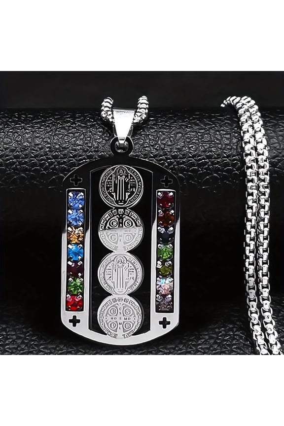 1pcs/set Stainless Steel Colored zirconia Catholic Cross Saint Benedict Saint Benito Pendant Necklace For Women Fashion Lucky Amulet Jewelry