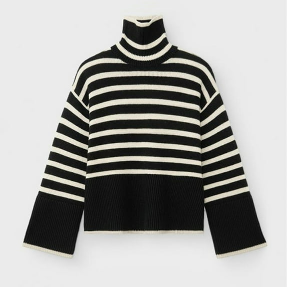 1pcs striped turtleneck sweater--light bottom with black stripes
