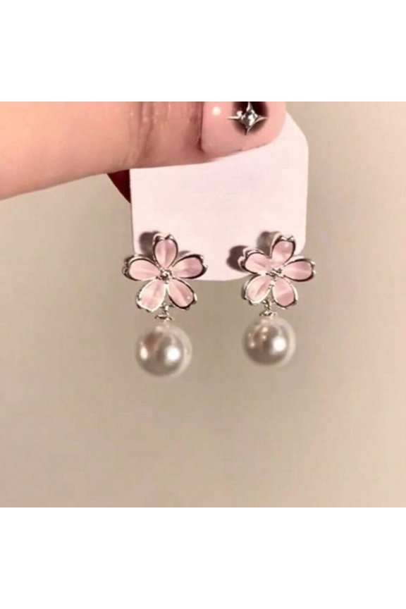1pink Sakura Flower Pearl Dangle Earrings In Pink With Silvertone Metal