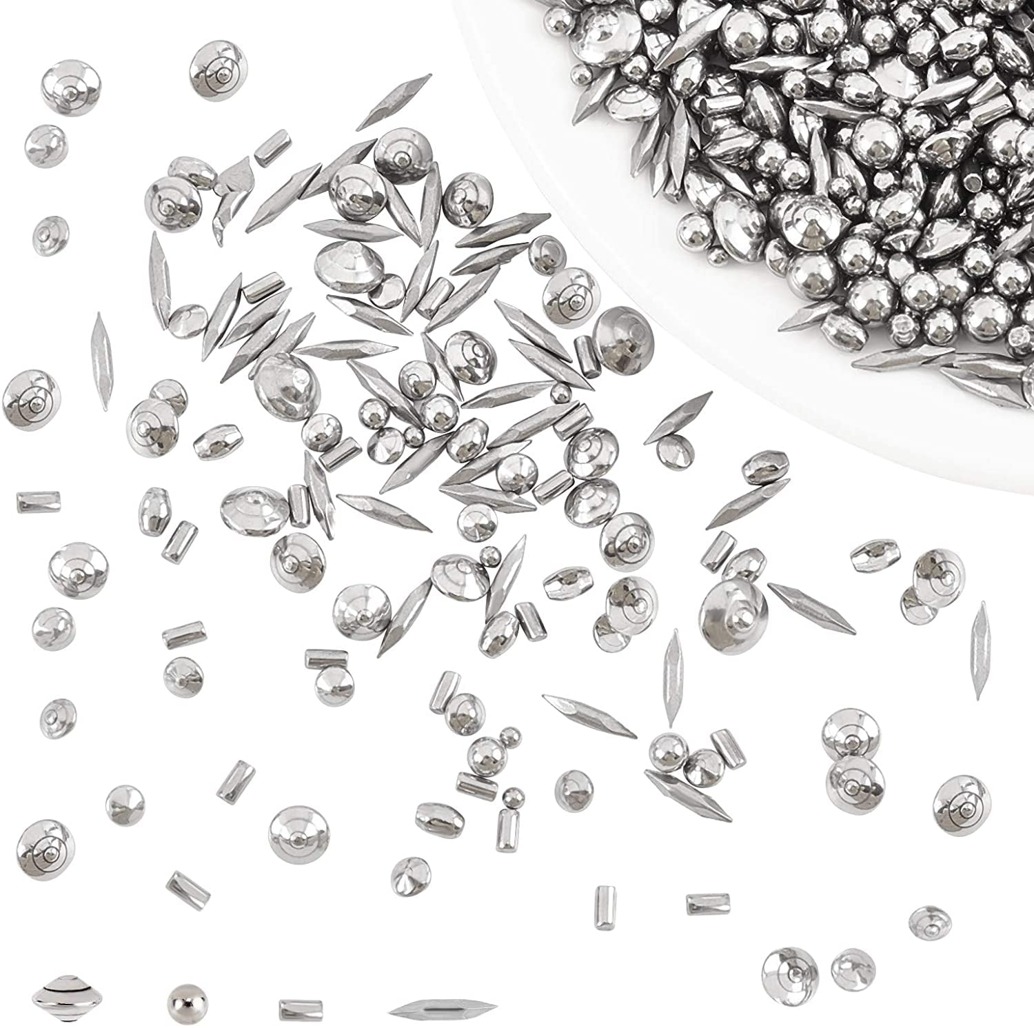 1pound 4 Shapes Stainless Steel Polished Beads Tumbling Media Pins Burnishing Media Shot for Rust Removal Rough Polishing Precsion Polishing Jewelry Polishing DIY Stainless Steel Color