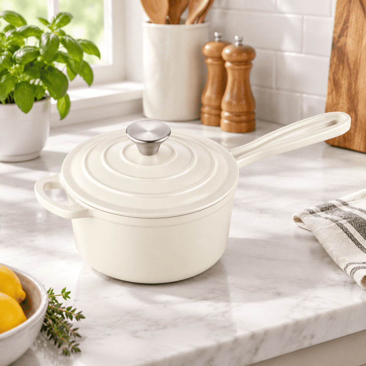 1qt Enamel Cast Iron Sauce Pan Induction Cooking Pots Cream White ...