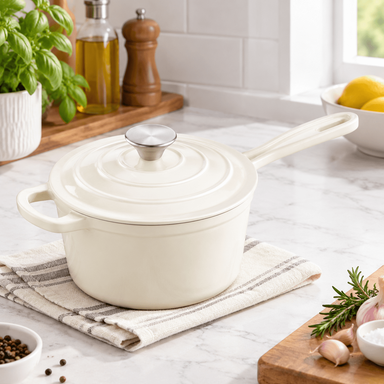 1qt Enamel Cast Iron Sauce Pan Induction Cooking Pots Cream White ...