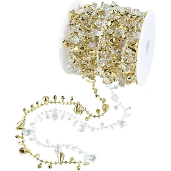 1roll 1 Roll 16.4Ft/5m Beaded Christmas Garland Gold Strands Iridescent Diamond Beading Trim Bead String Garland Ornament for Christmas Tree Wedding Party Home Chandelier Decoration Gold