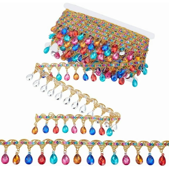 1roll 10 Yard Sequins Ribbon with Colorful Rhinestone 1.6 Inch Width Beaded Tassel Fringe Trim Sequin Tassel Trim Gold Braid Fringe Lace Ribbon Rhinestone Ribbons for Clothes DIY Home Decor