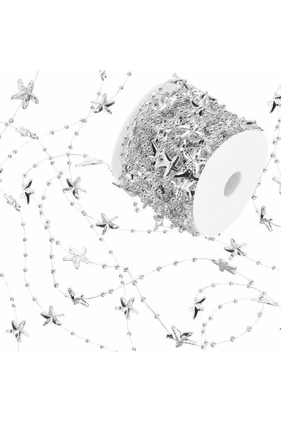 1roll 30m Acrylic Starfish Garland Silver Beads Ribbons Pearls Beads String Roll Chain Beach Garland Decor for Christmas Wedding Home Decoration Holiday Supplies