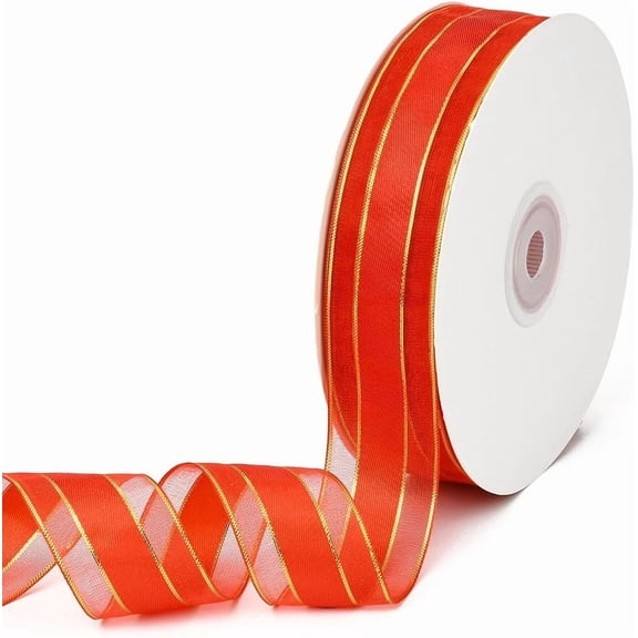 1roll 50 Yards 1 Inch Red and Gold Organza Ribbon Christmas Ribbon Golden Edge Organza Sheer Transparent Chiffon Wrapping Ribbons Trim for Wrapping Gift Making Craft Dress Wreaths Decor Supplies
