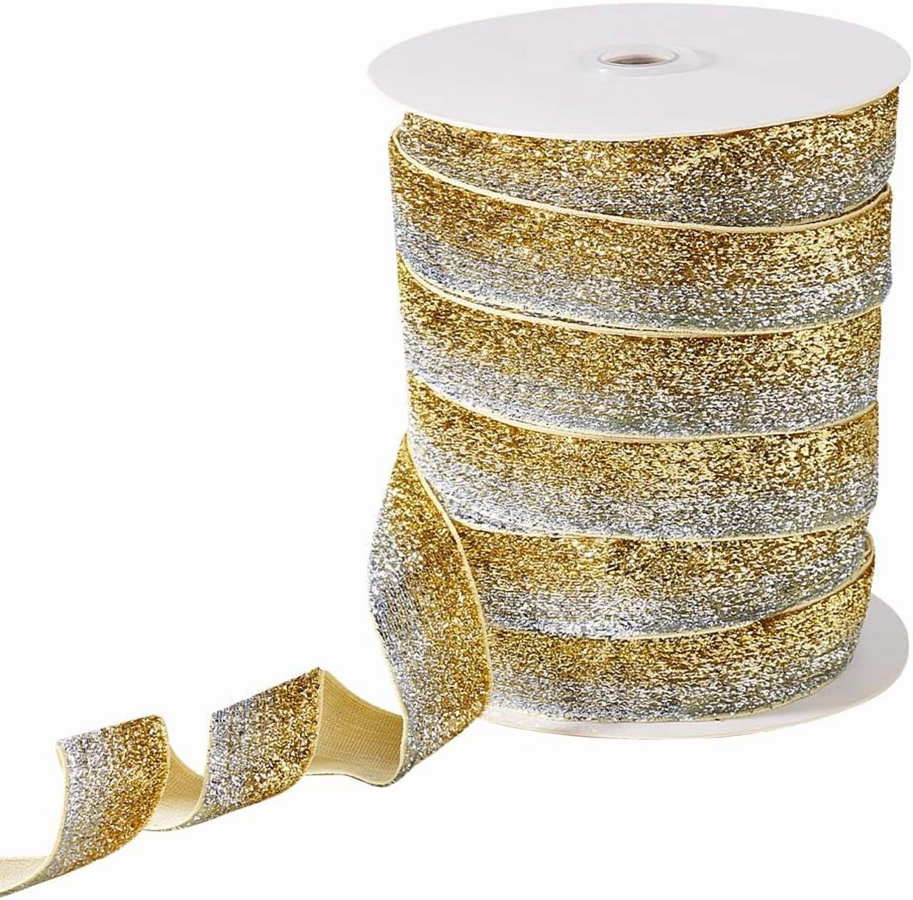 1roll 50 Yards(45.7m) Christmas Gold Metallic Ribbon 1 inch(2.7cm) Width Single Face Wide Ribbon with Spool Sparkle Polyester Ribbon for Holiday Wedding Birthday Party Decor Wrapping Silver