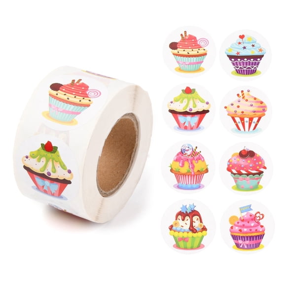 1roll 8 styles Birthday Theme Paper Stickers Self Adhesive Roll Sticker Labels for Envelopes Mailers and Bags Flat Round Cake Pattern 3.8cm about 500pcs/roll Paper