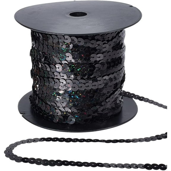 1roll 98.4 Yards 6MM Black Sequin Trim Sequins Beaded Strip Trim Ribbon Flat Spangle Metallic Glitter Paillette String Bulk Roll for Sewing Making Clothes Dresses Costume Crafts DIY Home Decor Black