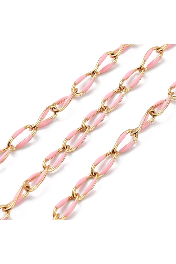 1roll Ion Plating(IP) 304 Stainless Steel Enamel Twisted Oval Link Chains with Spool Soldered golden Oval Pink 9x4x1mm about 16.40 Feet(5m)/Roll