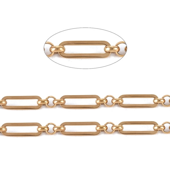 1roll Ion Plating(IP) 304 Stainless Steel Figaro Chains Unwelded with Spool Real 18K golden Plated Oval: 13x4.5x1mm Ring: 4x1.5mm about 32.8 Feet(10m)/roll