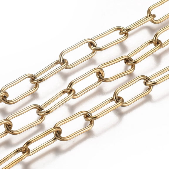 1roll Ion Plating(IP) 304 Stainless Steel Paperclip Chains Drawn Elongated Cable Chains with Spool Unwelded Golden Link: 17x7x1.5mm about 16.4 Feet(5m)/roll