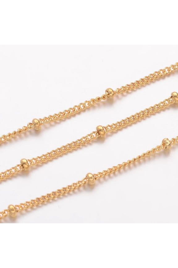 1roll Ion Plating(IP) 304 Stainless Steel Twisted Chains Curb Chains Soldered Satellite Chains with Spool Rondelle Beads Golden 1.8x1.4x0.4mm about 32.8 Feet(10m)/roll