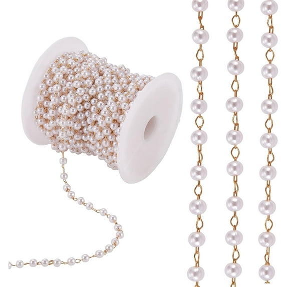 1roll Plastic Imitation Pearl Beaded Chain with golden Brass Cable Chains Soldered with Spool for Jewelry Making WhiteSmoke 4mm about 9.4~10m/Roll